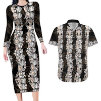 Black and Beige Hawaii Shell Lei Couples Matching Long Sleeve Bodycon Dress and Hawaiian Shirt Hawaiian Sunrise Shell Hebrew Cone Plumeria - Polynesian Pride