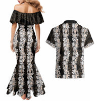 Black and Beige Hawaii Shell Lei Couples Matching Mermaid Dress and Hawaiian Shirt Hawaiian Sunrise Shell Hebrew Cone Plumeria - Polynesian Pride