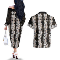 Black and Beige Hawaii Shell Lei Couples Matching Off The Shoulder Long Sleeve Dress and Hawaiian Shirt Hawaiian Sunrise Shell Hebrew Cone Plumeria - Polynesian Pride