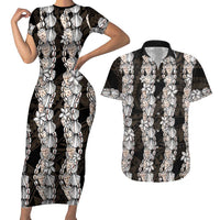 Black and Beige Hawaii Shell Lei Couples Matching Short Sleeve Bodycon Dress and Hawaiian Shirt Hawaiian Sunrise Shell Hebrew Cone Plumeria - Polynesian Pride