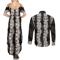 Black and Beige Hawaii Shell Lei Couples Matching Summer Maxi Dress and Long Sleeve Button Shirt Hawaiian Sunrise Shell Hebrew Cone Plumeria - Polynesian Pride