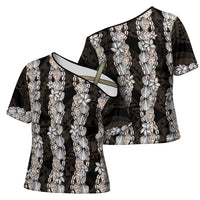 Black and Beige Hawaii Shell Lei Cross Shoulder Shirt Hawaiian Sunrise Shell Hebrew Cone Plumeria - Polynesian Pride