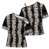 Black and Beige Hawaii Shell Lei Cross Shoulder Shirt Hawaiian Sunrise Shell Hebrew Cone Plumeria - Polynesian Pride
