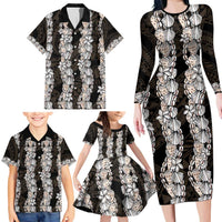 Black and Beige Hawaii Shell Lei Family Matching Long Sleeve Bodycon Dress and Hawaiian Shirt Hawaiian Sunrise Shell Hebrew Cone Plumeria - Polynesian Pride