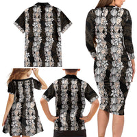 Black and Beige Hawaii Shell Lei Family Matching Long Sleeve Bodycon Dress and Hawaiian Shirt Hawaiian Sunrise Shell Hebrew Cone Plumeria - Polynesian Pride