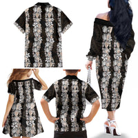 Black and Beige Hawaii Shell Lei Family Matching Off The Shoulder Long Sleeve Dress and Hawaiian Shirt Hawaiian Sunrise Shell Hebrew Cone Plumeria - Polynesian Pride