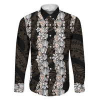 Black and Beige Hawaii Shell Lei Family Matching Off Shoulder Maxi Dress and Hawaiian Shirt Hawaiian Sunrise Shell Hebrew Cone Plumeria - Polynesian Pride