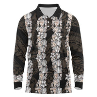 Black and Beige Hawaii Shell Lei Long Sleeve Polo Shirt Hawaiian Sunrise Shell Hebrew Cone Plumeria - Polynesian Pride