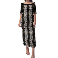 Black and Beige Hawaii Shell Lei Puletasi Hawaiian Sunrise Shell Hebrew Cone Plumeria LT14 Long Dress Black - Polynesian Pride