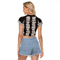 Black and Beige Hawaii Shell Lei Raglan Cropped T Shirt Hawaiian Sunrise Shell Hebrew Cone Plumeria - Polynesian Pride