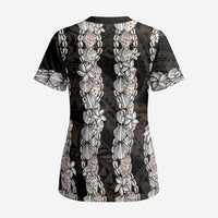 Black and Beige Hawaii Shell Lei Scrub Top Hawaiian Sunrise Shell Hebrew Cone Plumeria - Polynesian Pride