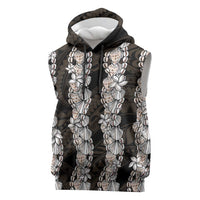 Black and Beige Hawaii Shell Lei Sleeveless Hoodie Hawaiian Sunrise Shell Hebrew Cone Plumeria - Polynesian Pride