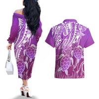 Polynesia Valentine Day Couples Matching Off The Shoulder Long Sleeve Dress and Hawaiian Shirt Polynesian Sea Turtle Purple Version LT14 - Polynesian Pride