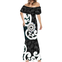 Aotearoa Koru Mermaid Dress Cyan Maori Paua Shell Mix Silver Fern