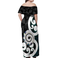 Aotearoa Koru Off Shoulder Maxi Dress Cyan Maori Paua Shell Mix Silver Fern LT14 - Polynesian Pride