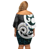 Aotearoa Koru Off Shoulder Short Dress Cyan Maori Paua Shell Mix Silver Fern