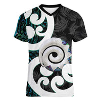 Aotearoa Koru Women V-Neck T-Shirt Cyan Maori Paua Shell Mix Silver Fern LT14 Female Black - Polynesian Pride