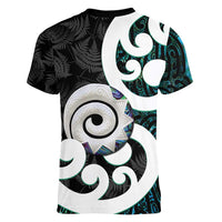 Aotearoa Koru Women V-Neck T-Shirt Cyan Maori Paua Shell Mix Silver Fern LT14 - Polynesian Pride