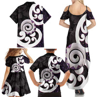 Aotearoa Koru Family Matching Summer Maxi Dress and Hawaiian Shirt Purple Maori Paua Shell Mix Silver Fern