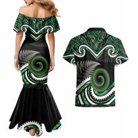 Koru Pounamu Aotearoa Couples Matching Mermaid Dress and Hawaiian Shirt Maori Paua Shell Mix Silver Fern