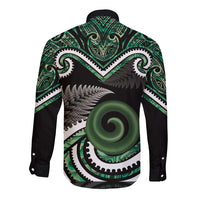 Koru Pounamu Aotearoa Long Sleeve Button Shirt Maori Paua Shell Mix Silver Fern