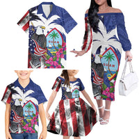 United States Guam Family Matching Off The Shoulder Long Sleeve Dress and Hawaiian Shirt USA Eagle Guahan Seal Bougainvillea - Polynesian Pride