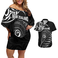Personalised New Zealand Silver Fern Lacrosse Couples Matching Off Shoulder Short Dress and Hawaiian Shirt Aotearoa Maori Pattern