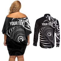 Personalised New Zealand Silver Fern Lacrosse Couples Matching Off Shoulder Short Dress and Long Sleeve Button Shirt Aotearoa Maori Pattern