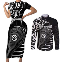 Personalised New Zealand Silver Fern Lacrosse Couples Matching Short Sleeve Bodycon Dress and Long Sleeve Button Shirt Aotearoa Maori Pattern