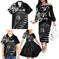 Personalised New Zealand Silver Fern Lacrosse Family Matching Off The Shoulder Long Sleeve Dress and Hawaiian Shirt Aotearoa Maori Pattern LT14 - Polynesian Pride
