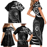Personalised New Zealand Silver Fern Lacrosse Family Matching Short Sleeve Bodycon Dress and Hawaiian Shirt Aotearoa Maori Pattern
