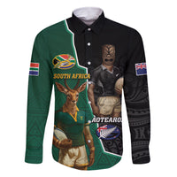 Personalised New Zealand And South Africa Rugby Family Matching Off Shoulder Short Dress and Hawaiian Shirt 2024 All Black Springboks Mascots Together