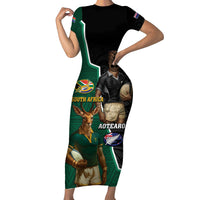 Personalised New Zealand And South Africa Rugby Short Sleeve Bodycon Dress 2024 All Black Springboks Mascots Together