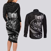 Personalised All Black New Zealand Darts Couples Matching Long Sleeve Bodycon Dress and Long Sleeve Button Shirt Aoteroa Fern Maori Galaxy Style