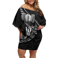 Personalised All Black New Zealand Darts Family Matching Off Shoulder Short Dress and Hawaiian Shirt Aoteroa Fern Maori Galaxy Style