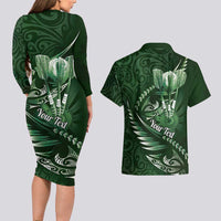 Personalised All Green New Zealand Darts Couples Matching Long Sleeve Bodycon Dress and Hawaiian Shirt Aoteroa Fern Maori Galaxy Style