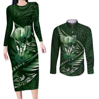 Personalised All Green New Zealand Darts Couples Matching Long Sleeve Bodycon Dress and Long Sleeve Button Shirt Aoteroa Fern Maori Galaxy Style