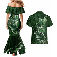 Personalised All Green New Zealand Darts Couples Matching Mermaid Dress and Hawaiian Shirt Aoteroa Fern Maori Galaxy Style
