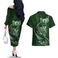 Personalised All Green New Zealand Darts Couples Matching Off The Shoulder Long Sleeve Dress and Hawaiian Shirt Aoteroa Fern Maori Galaxy Style