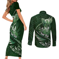 Personalised All Green New Zealand Darts Couples Matching Short Sleeve Bodycon Dress and Long Sleeve Button Shirt Aoteroa Fern Maori Galaxy Style