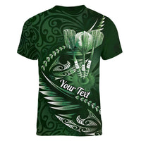 Personalised All Green New Zealand Darts Women V-Neck T-Shirt Aoteroa Fern Maori Galaxy Style