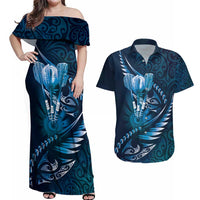 Personalised All Blue New Zealand Darts Couples Matching Off Shoulder Maxi Dress and Hawaiian Shirt Aoteroa Fern Maori Galaxy Style