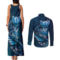 Personalised All Blue New Zealand Darts Couples Matching Tank Maxi Dress and Long Sleeve Button Shirt Aoteroa Fern Maori Galaxy Style