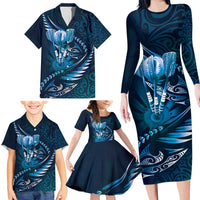 Personalised All Blue New Zealand Darts Family Matching Long Sleeve Bodycon Dress and Hawaiian Shirt Aoteroa Fern Maori Galaxy Style