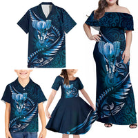Personalised All Blue New Zealand Darts Family Matching Off Shoulder Maxi Dress and Hawaiian Shirt Aoteroa Fern Maori Galaxy Style