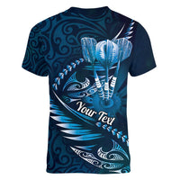 Personalised All Blue New Zealand Darts Women V-Neck T-Shirt Aoteroa Fern Maori Galaxy Style