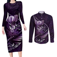 Personalised All Purple New Zealand Darts Couples Matching Long Sleeve Bodycon Dress and Long Sleeve Button Shirt Aoteroa Fern Maori Galaxy Style