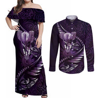 Personalised All Purple New Zealand Darts Couples Matching Off Shoulder Maxi Dress and Long Sleeve Button Shirt Aoteroa Fern Maori Galaxy Style