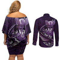 Personalised All Purple New Zealand Darts Couples Matching Off Shoulder Short Dress and Long Sleeve Button Shirt Aoteroa Fern Maori Galaxy Style