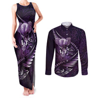 Personalised All Purple New Zealand Darts Couples Matching Tank Maxi Dress and Long Sleeve Button Shirt Aoteroa Fern Maori Galaxy Style